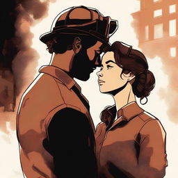 A high-quality digital art image capturing a poignant moment between a Caucasian woman with her brown hair in a bun, wearing a firefighter uniform, and a man with loose curly hair, dressed in a button-up shirt