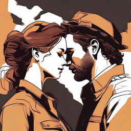 A high-quality digital art image capturing a poignant moment between a Caucasian woman with her brown hair in a bun, wearing a firefighter uniform, and a man with loose curly hair, dressed in a button-up shirt