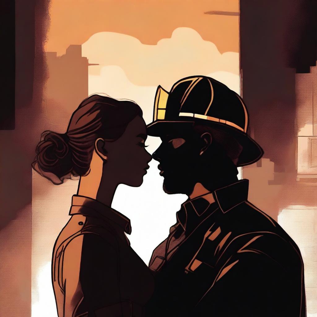 A high-quality digital art image capturing a poignant moment between a Caucasian woman with her brown hair in a bun, wearing a firefighter uniform, and a man with loose curly hair, dressed in a button-up shirt