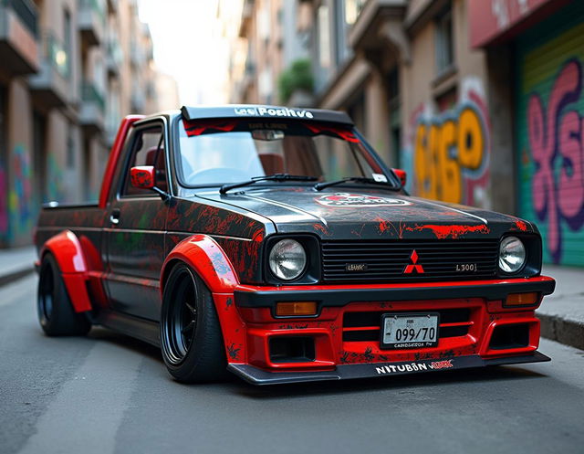 A modified Mitsubishi Colt L300 pickup truck featuring LBWK styling, showcasing an aggressive body kit with wide fenders, lowered suspension, and custom wheels that enhance its sporty appearance