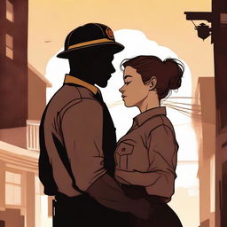 A high-quality digital art image capturing a poignant moment between a Caucasian woman with her brown hair in a bun, wearing a firefighter uniform, and a man with loose curly hair, dressed in a button-up shirt