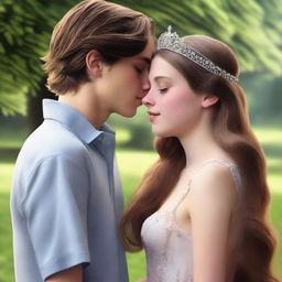 A photorealistic digital art showcases a memorable scene of a British girl, about 14 years old with long brown hair, wearing a tiara, and her Australian boyfriend