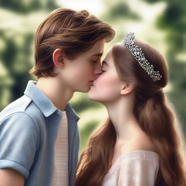 A photorealistic digital art showcases a memorable scene of a British girl, about 14 years old with long brown hair, wearing a tiara, and her Australian boyfriend