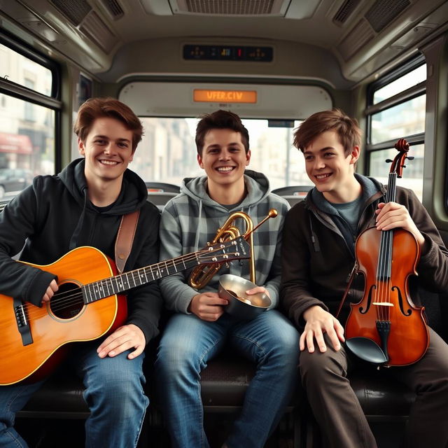 Three young men sitting together on a city bus, each carrying different musical instruments