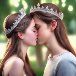 A photorealistic digital art showcases a memorable scene of a British girl, about 14 years old with long brown hair, wearing a tiara, and her Australian boyfriend