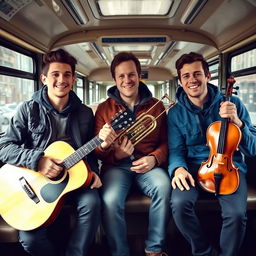 Three young men sitting together on a city bus, each carrying different musical instruments