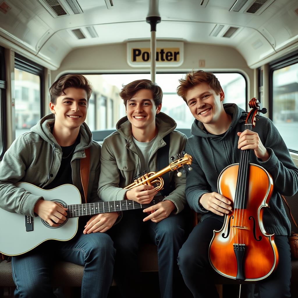 Three young men sitting together on a city bus, each carrying different musical instruments