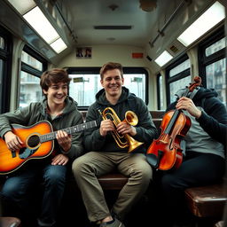 Three young men sitting together on a city bus, each carrying different musical instruments