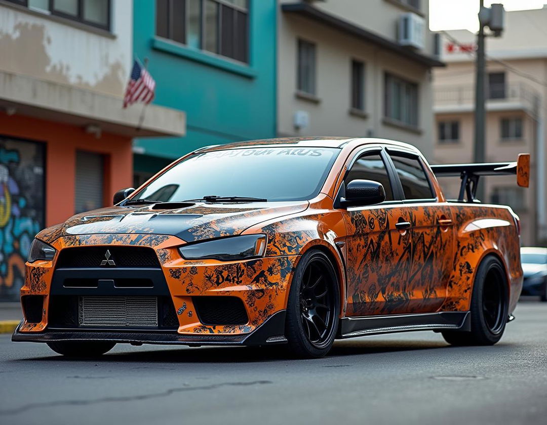 A strikingly modified Mitsubishi Lancer Evo X pickup truck featuring LBWK styling, with an aggressive body kit, wide fenders, and a lowered chassis