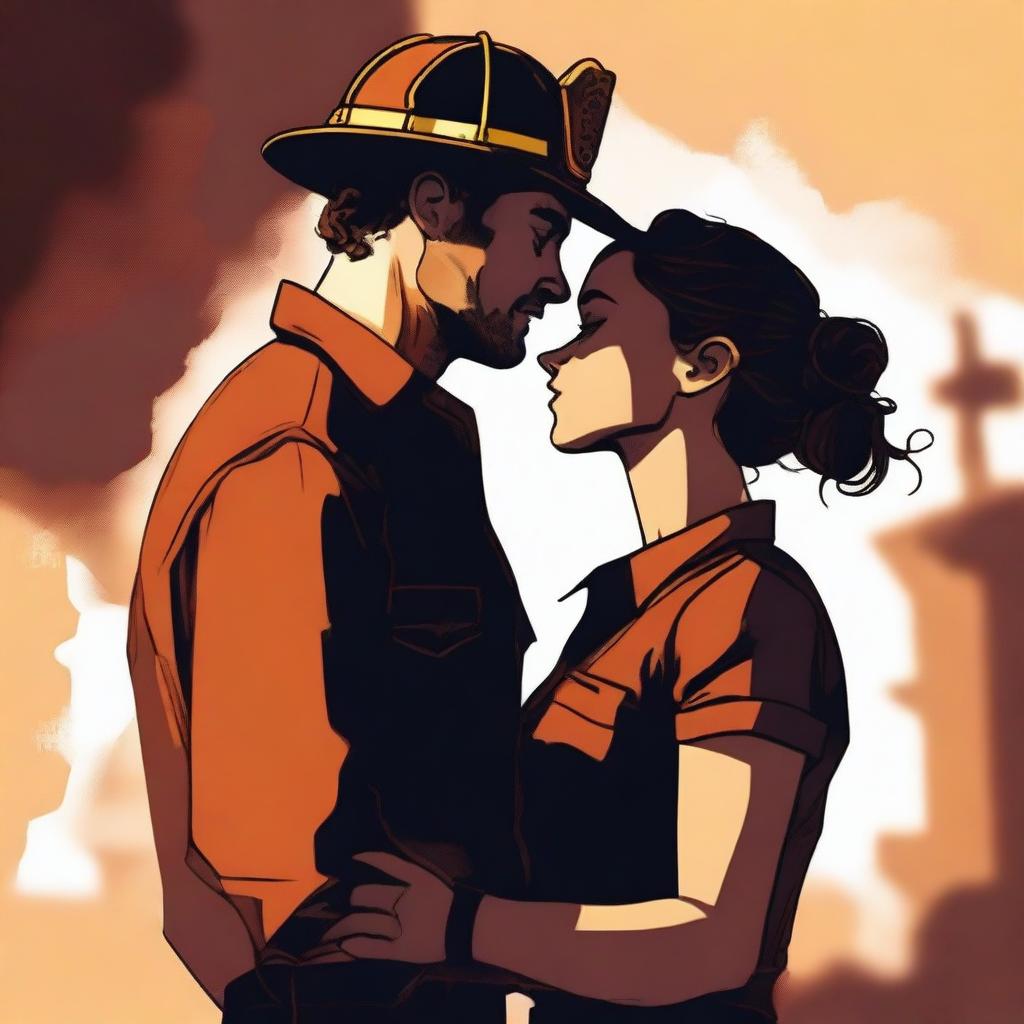 A high-quality digital art image illustrates a touching moment between a Caucasian woman with her brown hair in a bun, dressed in a firefighter uniform, and a man with loose curly hair, wearing a button-up shirt