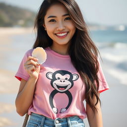 A beautiful Korean woman wearing a pink t-shirt with a monkey graphic and short denim jeans, standing by the beach while holding an open seashell, smiling broadly at the camera