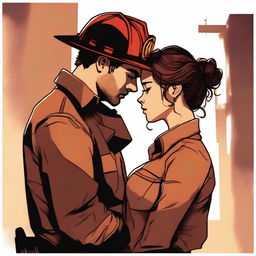 A high-quality digital art image illustrates a touching moment between a Caucasian woman with her brown hair in a bun, dressed in a firefighter uniform, and a man with loose curly hair, wearing a button-up shirt