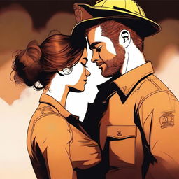 A high-quality digital art image illustrates a touching moment between a Caucasian woman with her brown hair in a bun, dressed in a firefighter uniform, and a man with loose curly hair, wearing a button-up shirt