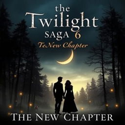 A captivating book cover for 'The Twilight Saga 6: The New Chapter' featuring an enchanting twilight landscape with a mysterious forest setting