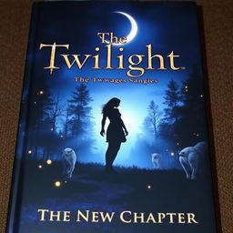A captivating book cover for 'The Twilight Saga 6: The New Chapter' featuring an enchanting twilight landscape with a mysterious forest setting