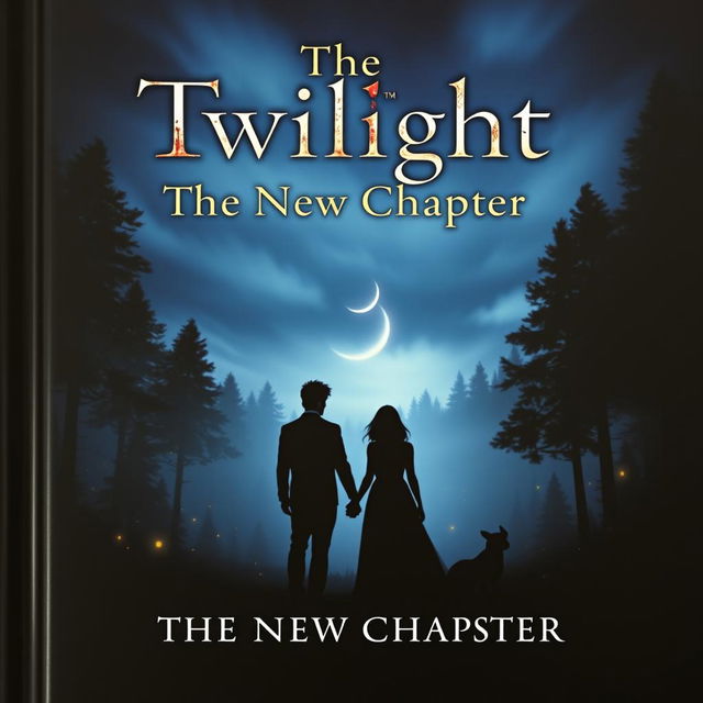 A captivating book cover for 'The Twilight Saga 6: The New Chapter' featuring an enchanting twilight landscape with a mysterious forest setting