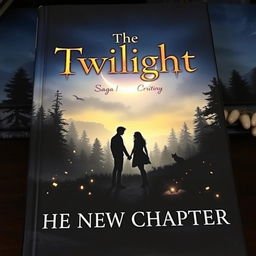 A captivating book cover for 'The Twilight Saga 6: The New Chapter' featuring an enchanting twilight landscape with a mysterious forest setting