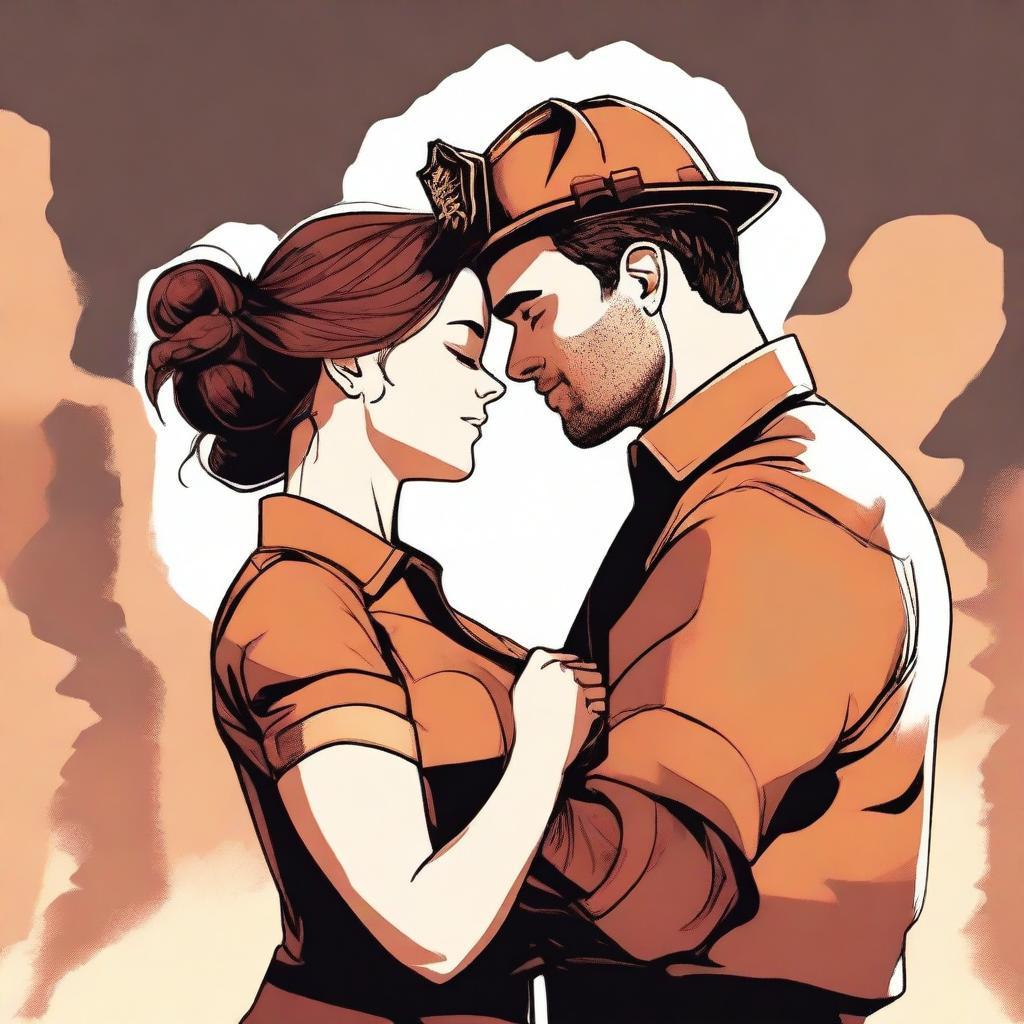 A high-quality digital art image illustrates a touching moment between a Caucasian woman with her brown hair in a bun, dressed in a firefighter uniform, and a man with loose curly hair, wearing a button-up shirt