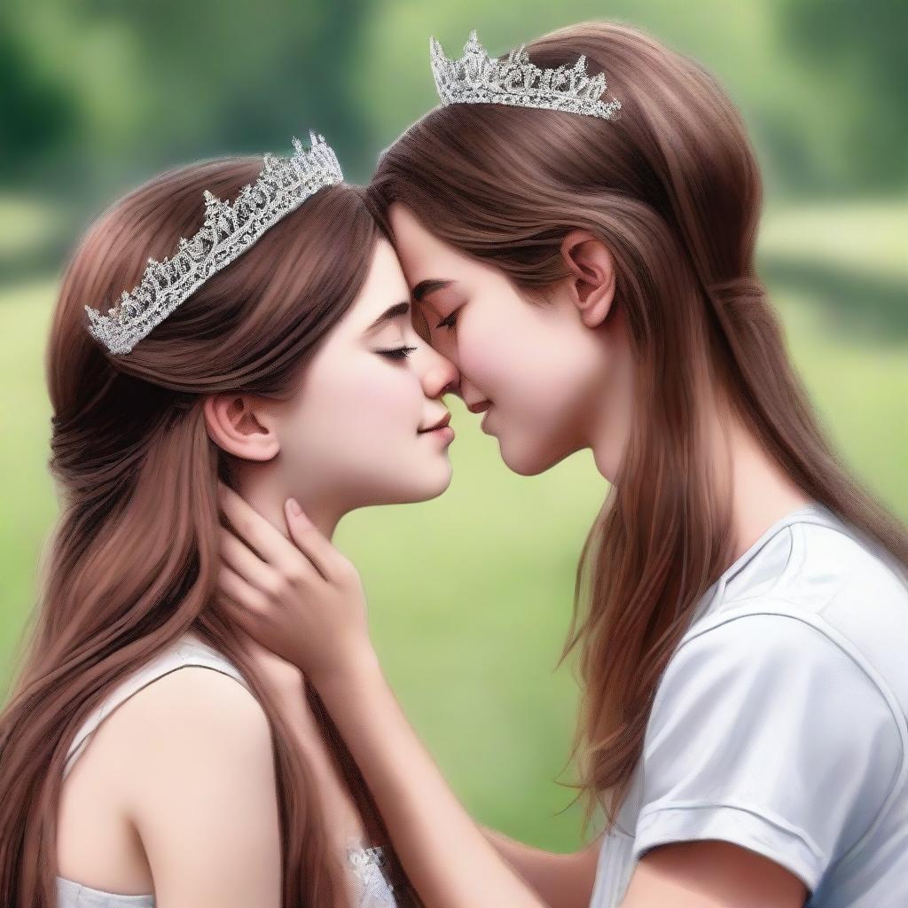 This is a high-quality, realistic digital art image featuring a 14-year-old British girl with long brown hair, wearing a tiara