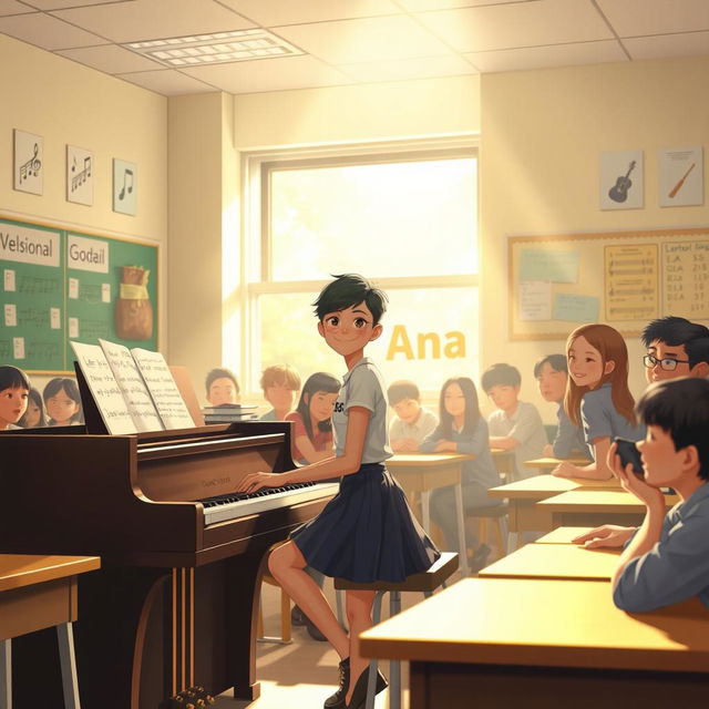 A heartwarming scene depicting a high school classroom, featuring a girl named Ana sitting at a grand piano, showcasing her exceptional talent