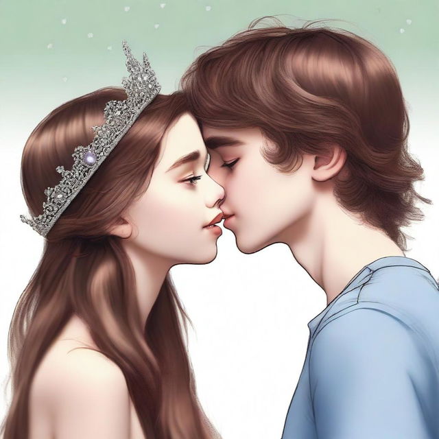 This is a high-quality, realistic digital art image featuring a 14-year-old British girl with long brown hair, wearing a tiara