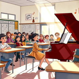 A heartwarming scene depicting a high school classroom, featuring a girl named Ana sitting at a grand piano, showcasing her exceptional talent