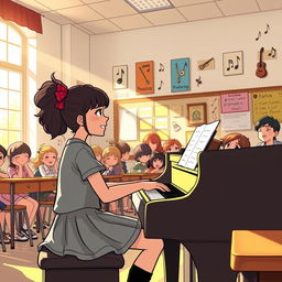 A heartwarming scene depicting a high school classroom, featuring a girl named Ana sitting at a grand piano, showcasing her exceptional talent