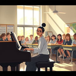A heartwarming scene depicting a high school classroom, featuring a girl named Ana sitting at a grand piano, showcasing her exceptional talent