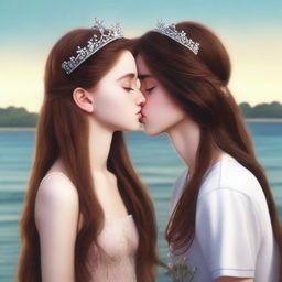 This is a high-quality, realistic digital art image featuring a 14-year-old British girl with long brown hair, wearing a tiara