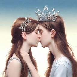 This is a high-quality, realistic digital art image featuring a 14-year-old British girl with long brown hair, wearing a tiara