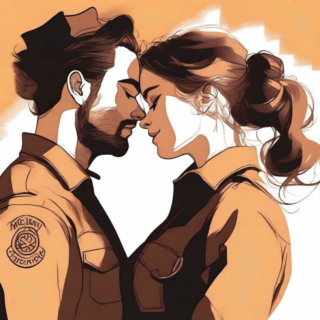 A high-quality digital art image illustrates a tender moment between a Caucasian woman with her brown hair in a bun, dressed in a firefighter uniform, and a man with loose curly hair, wearing a button-up shirt