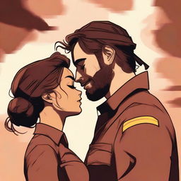 A high-quality digital art image illustrates a tender moment between a Caucasian woman with her brown hair in a bun, dressed in a firefighter uniform, and a man with loose curly hair, wearing a button-up shirt