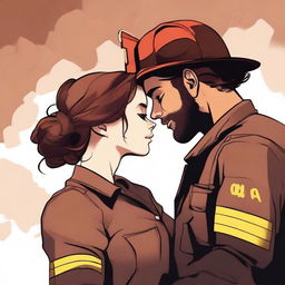 A high-quality digital art image illustrates a tender moment between a Caucasian woman with her brown hair in a bun, dressed in a firefighter uniform, and a man with loose curly hair, wearing a button-up shirt