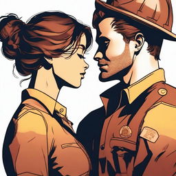 A high-quality digital art image illustrates a tender moment between a Caucasian woman with her brown hair in a bun, dressed in a firefighter uniform, and a man with loose curly hair, wearing a button-up shirt