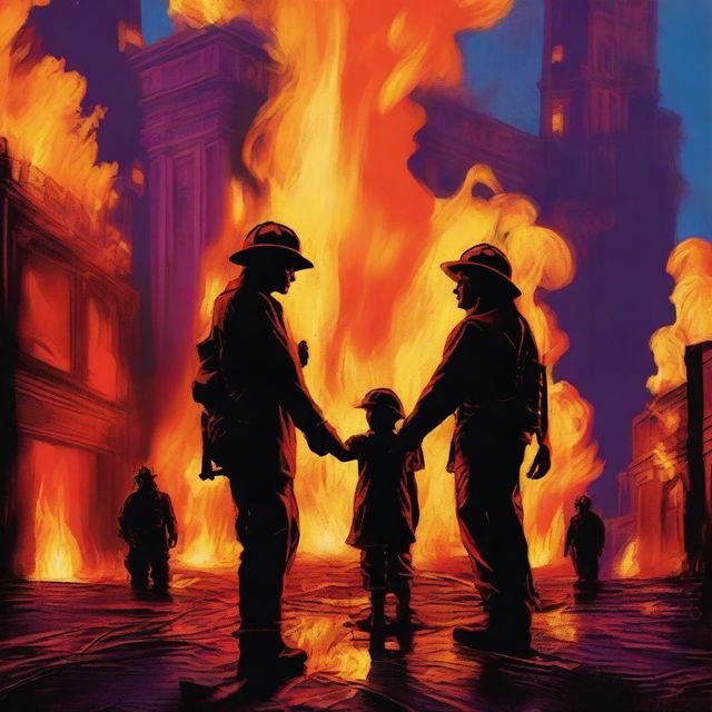 A high-quality digital art image portraying a gripping scene of a Caucasian female firefighter and a tall male artist holding hands, surrounded by a world in flames