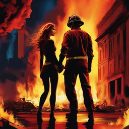 A high-quality digital art image portraying a gripping scene of a Caucasian female firefighter and a tall male artist holding hands, surrounded by a world in flames