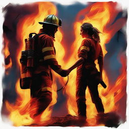 A high-quality digital art image portraying a gripping scene of a Caucasian female firefighter and a tall male artist holding hands, surrounded by a world in flames