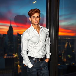 A young man standing confidently in front of a large glass window, reflecting city lights at dusk