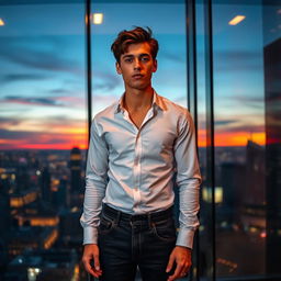 A young man standing confidently in front of a large glass window, reflecting city lights at dusk