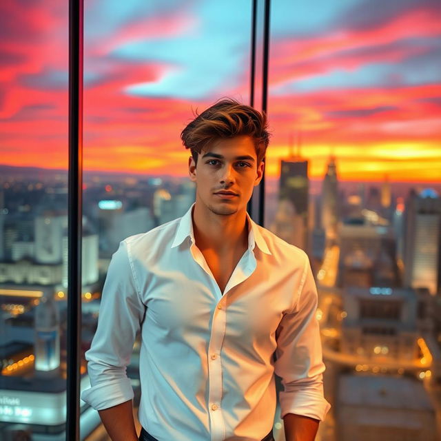 A young man standing confidently in front of a large glass window, reflecting city lights at dusk