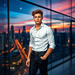 A young man standing confidently in front of a large glass window, reflecting city lights at dusk