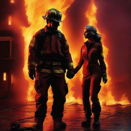 A high-quality digital art image portraying a gripping scene of a Caucasian female firefighter and a tall male artist holding hands, surrounded by a world in flames