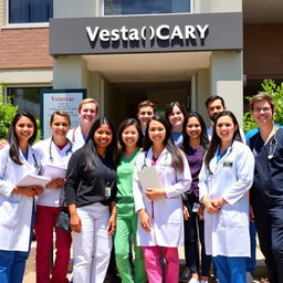 A vibrant and engaging group photo of veterinary college students in their fourth year, wearing scrubs and lab coats, smiling and standing outside a modern veterinary clinic