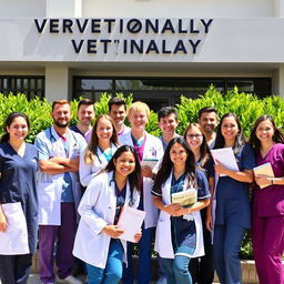 A vibrant and engaging group photo of veterinary college students in their fourth year, wearing scrubs and lab coats, smiling and standing outside a modern veterinary clinic