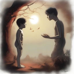 A high-quality digital art image depicts a young boy in a moment of surprise and curiosity as he encounters a figure named Lilith for the first time