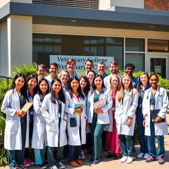 A vibrant and engaging group photo of veterinary college students in their fourth year, wearing scrubs and lab coats, smiling and standing outside a modern veterinary clinic