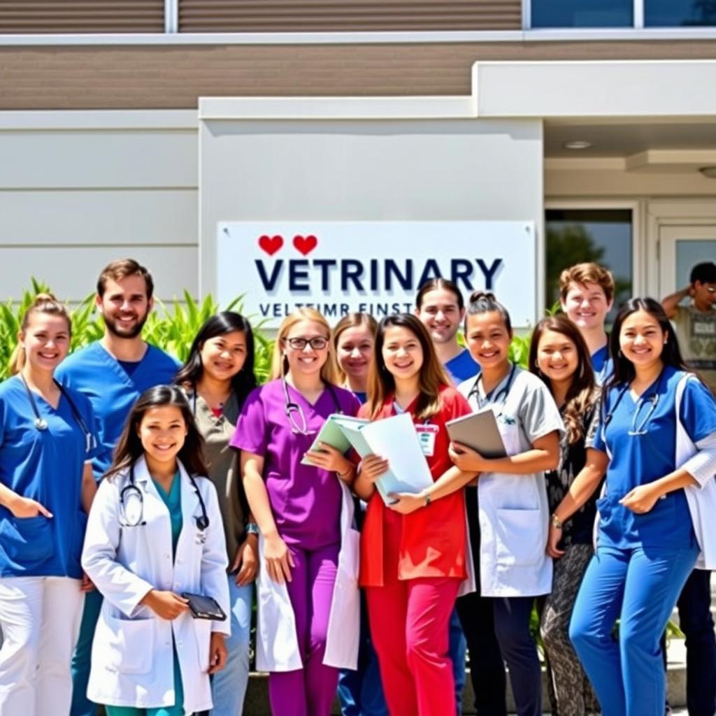 A vibrant and engaging group photo of veterinary college students in their fourth year, wearing scrubs and lab coats, smiling and standing outside a modern veterinary clinic