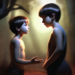 A high-quality digital art image depicts a young boy in a moment of surprise and curiosity as he encounters a figure named Lilith for the first time