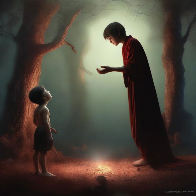 A high-quality digital art image depicts a young boy in a moment of surprise and curiosity as he encounters a figure named Lilith for the first time