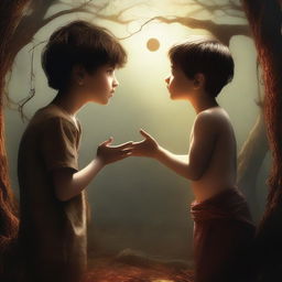 A high-quality digital art image depicts a young boy in a moment of surprise and curiosity as he encounters a figure named Lilith for the first time